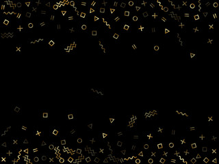 Memphis style geometric confetti vector background of triangle circle square shapes, chevron wavy lines.