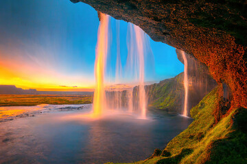 Fototapeta na wymiar Waterfall from insides art screen background