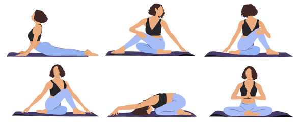 Set of female doing different yoga pose, exercise.