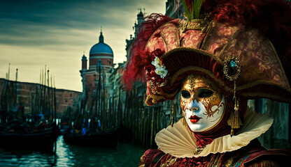 Fototapeta na wymiar Abstract art. Colorful painting art of a woman with venetian carnival mask and costume. Background illustration. Generative AI.