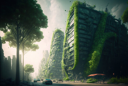 Illustration of a green city taken by nature. Eco city. Nature conquering humanity. Urban illustration. City trees