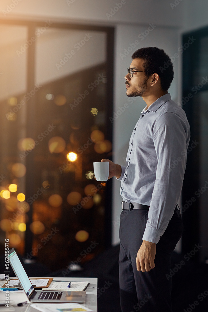 Aufkleber Coffee, night and businessman thinking of an email on a laptop, planning and working in an office. Idea, deadline and employee with a tea drink and a computer for a proposal during overtime at work