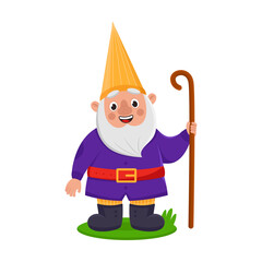 Cute garden gnome shepherd in orange cap. Vector illustration of funny fairy tale character. Cartoon happy male small dwarf isolated white. Game, fantasy concept