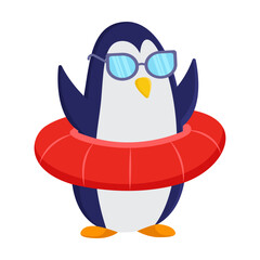 Cute comic penguin in sunglasses and with a life buoy vector illustration. Cartoon character, animal sticker isolated on white background. Summer, beach party concept