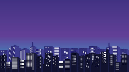 Panorama of the city with views of the purple sky and lots of high rise malls and offices