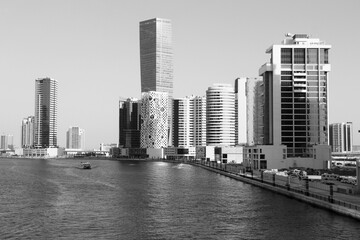 Business Bay, Dubai. Black and white photo.