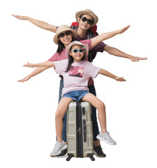 Family Travel Concept, Full body Happy asian family Father and mother and little daughter spread hands flying ready for vacation trip, isolated background