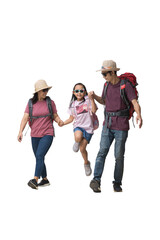 Family Travel Concept, Full body Happy asian family vacation, Father, mother and little daughter ready for vacation trip, isolated background - obrazy, fototapety, plakaty