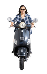 Full body woman asian smiling with riding motorbike looking blank space, isolated background © kromkrathog