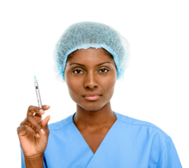 A doctor holding a syringe isolated on a PNG background.
