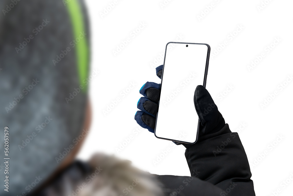 Aufkleber guy in a jacket with a cap and gloves is holding a mobile phone. the background and the phone's disp