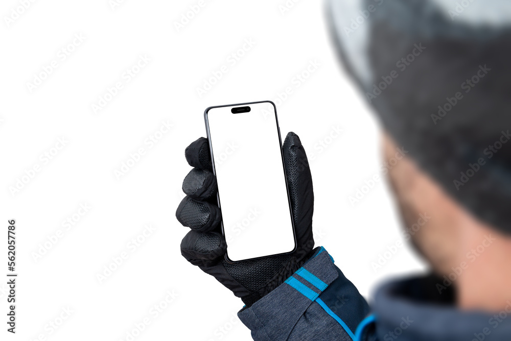 Poster winter phone mockup in man hand with jacket, gloves and hat. isolated display and background for app