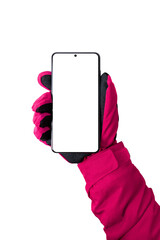 Woman hand with glove holding smart phone in front vertical position. Isolated display and...
