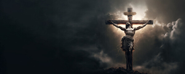 Jesus Christ, Savior of mankind. Banner. 5:2 10667x4267. Generative AI	 - obrazy, fototapety, plakaty