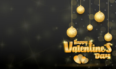 valentines day background. luminous golden ornament with hanging hearts and balls. Vector illustration