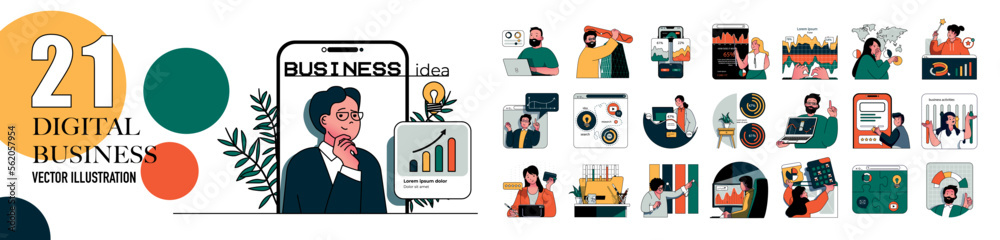 Poster Digital business concept with character situations collection. Bundle of scenes people making data analysis, creating online company, developing, advertising. Vector illustrations in flat web design