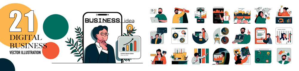 Digital business concept with character situations collection. Bundle of scenes people making data analysis, creating online company, developing, advertising. Vector illustrations in flat web design - obrazy, fototapety, plakaty