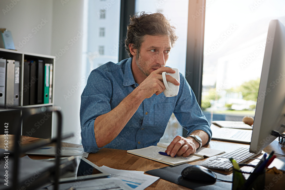 Aufkleber coffee, thinking and computer with a business man at work in his office for future growth or researc