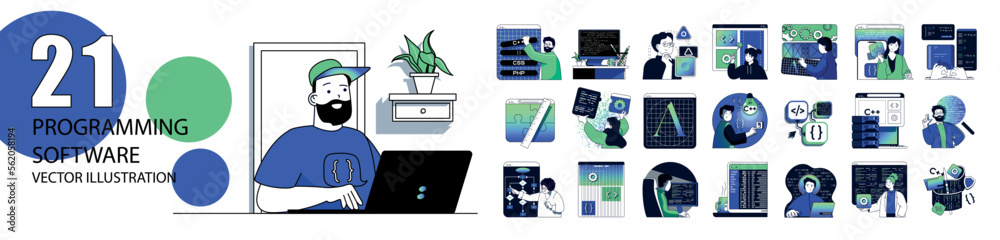 Aufkleber Programming software concept with character situations collection. Bundle of scenes people coding and testing, creating programs and apps, working IT industry. Vector illustrations in flat web design