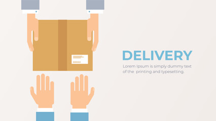 Delivery service flat concept. Parcel transfer, receiving, fast reliable shipping. Hands with delivery box. Vector banner illustration. - obrazy, fototapety, plakaty