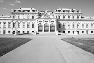 Fototapeta na wymiar Belvedere, Vienna. Black and white photo of Austria landmark.