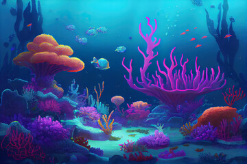 Fototapeta na wymiar underwater coral reef seascape background with small coloful fish and clear water