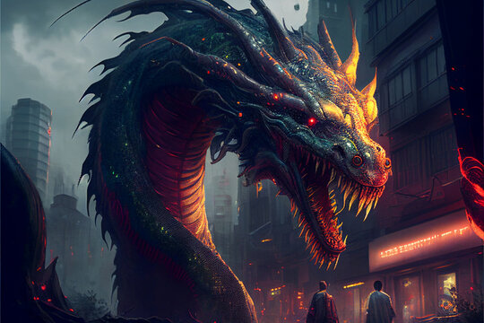 Dragon or godzilla in the city. Generative AI illustration