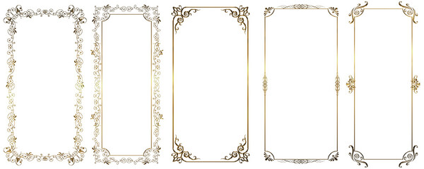 Set of graphic materials, gold metallic oriental patterns, arabesque patterns, antiques, and vintage decorative ruled frames.