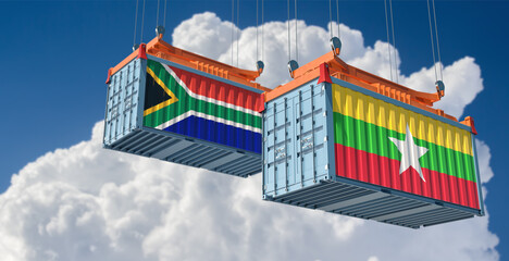 Cargo containers with Myanmar and South Africa national flags. 3D Rendering 