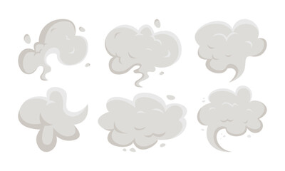 Clouds of smoke of different shapes vector illustrations set. Cartoon drawings of smoke from fire, explosion or cigarette, fog on white background. Weather, effects, environment, texture concept