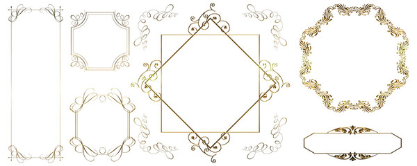 Set of graphic materials, gold metallic oriental patterns, arabesque patterns, antiques, and vintage decorative ruled frames.