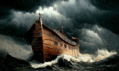 Noah's ark in a stormy sea painting. Generative AI illustration - obrazy, fototapety, plakaty