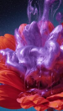 Vertical video. Flower paint. Water ink drop. Floral art. Purple color shiny glitter fluid splash on orange daisy petals on blue background.