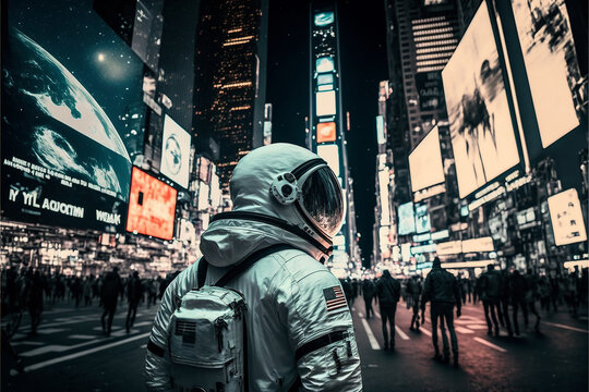 photography astronaut in skyscraper city. Ai generated art