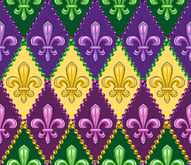 Set of geometric patterns with fleur de lis symbol. Diagonal rhombus grid. Illustration for Mardi Gras carnival. Vintage illustration for prints, clothing, holiday, surface design © OA_Creation