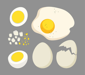 Whole or cut cooked egg and egg shells vector illustrations set. Cartoon drawings of whole, cracked, diced and fried egg on grey background. Food, breakfast concept