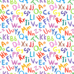 Fototapeta na wymiar Seamless pattern of A B C D letters of the alphabet hand drawn with wax crayons. Lettering on white background. For fabric, sketchbook, wallpaper, wrapping paper.