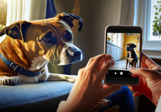 Woman photographing pet dog through smart phone at home. Ai generated art