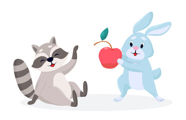 Fototapeta na wymiar Comic rabbit giving big cherry to raccoon vector illustration. Cartoon drawing of blue bunny character holding berry for friend on white background. Communication, friendship, wildlife concept
