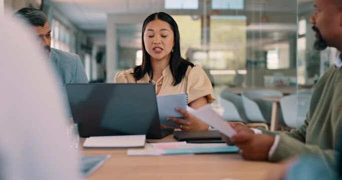 Office meeting, collaboration and business people review social media feedback, customer experience or user sales data. Marketing analytics consulting, diversity and team analysis of online survey