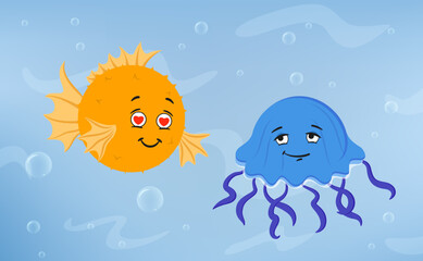 Comic pufferfish in love with jellyfish vector illustration. Cartoon drawing of underwater creatures characters on blue background with bubbles. Communication, sea life, romance, wildlife concept