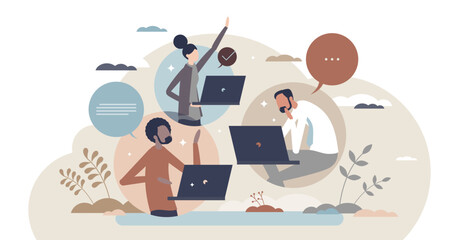 Hybrid team colleagues with distant online video call tiny person concept, transparent background. Business project meeting using online messaging for distant work illustration.