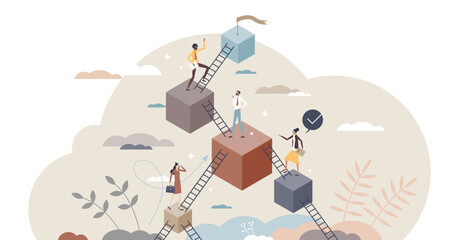 Fototapeta na wymiar Leveling up and career development with progress stairs tiny person concept, transparent background.Skills and professional improvement as upward raising steps illustration.