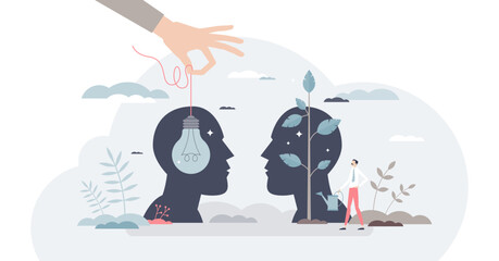 Mentorship or advice from mentor for personal development tiny person concept, transparent background. Skills growth using guidance and coaching to implement idea in employee head illustration. - obrazy, fototapety, plakaty