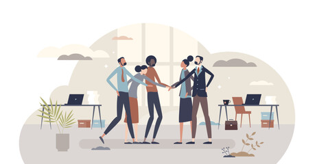 Company culture ideology and multicultural business values tiny person concept, transparent background. Professional work goals, attitudes and practices illustration. - obrazy, fototapety, plakaty