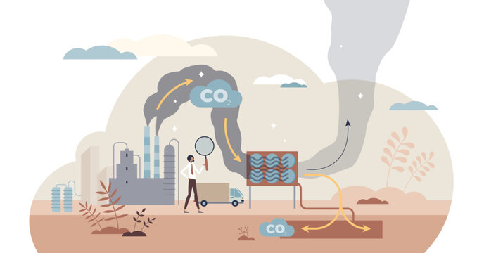 Carbon capture as CO2 reducing with emission utilization tiny person concept, transparent background. Greenhouse gas pollution control with sequestration process illustration.