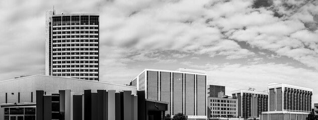 Panoramic retro-style black and white Modern Midland Texas city skyline and downtown skyscrapers,...
