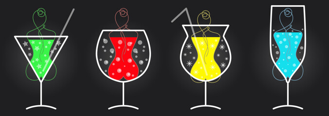 Cocktail bar SET. Young elegant woman lying in martini, wine, champagne alcohol glass on black background. Woman Body Art. Female Figure Continuous One Line Abstract Drawing. Vector Illustration