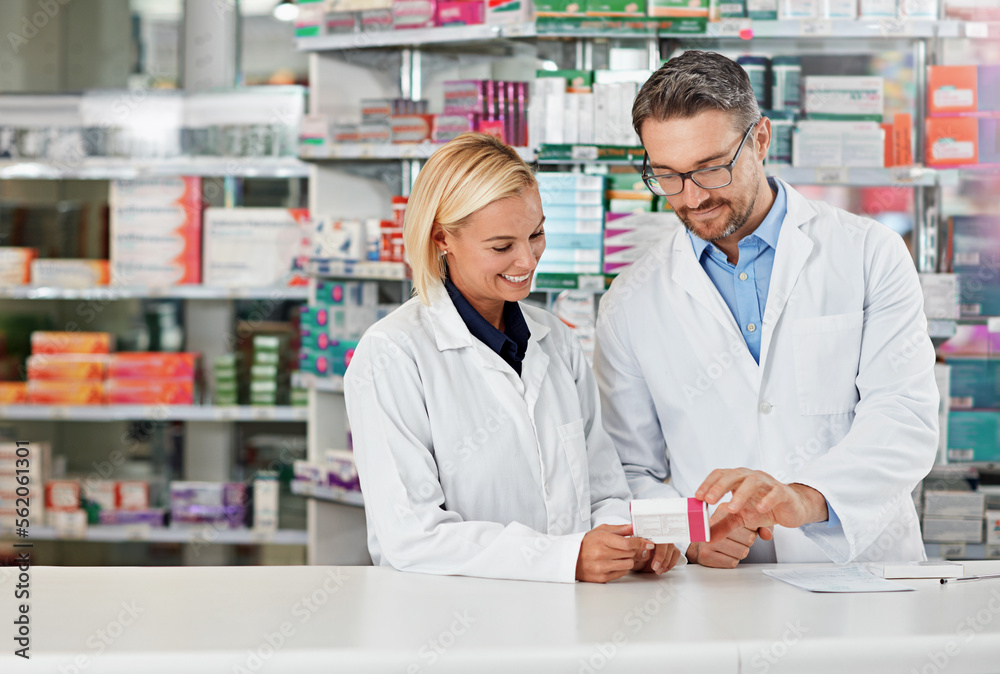 Poster pharmacy, medicine and pharmacist people for stock check, reading label and healthcare inventory. pr