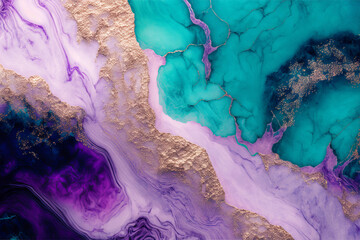 Purple and mint green marble texture background. Marble fluid art with golden veins. Generative AI illustration